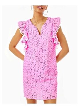 NWT Lilly Pulitzer Large Astara Mini Dress Neon Pink Eyelet Vneck Aline *